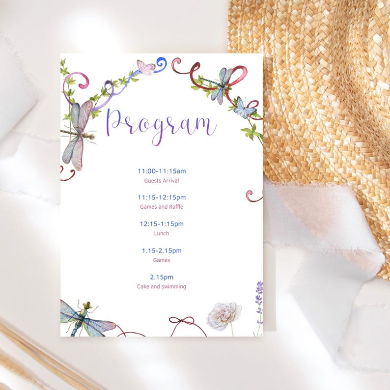 Editable Girls Birthday Program Template, Butterfly Floral Dragonfly ...