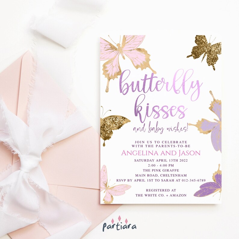Purple Butterfly Baby Shower Invite Girl DIY Printable Pink Gold Baby Shower Invitation Editable Template Digital Download