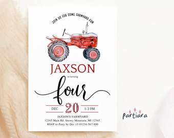 Boy 4th Birthday Invitation Tractor Printable Farm Party Invite Editable Red and Black Winter Decor Digital Download Template P94