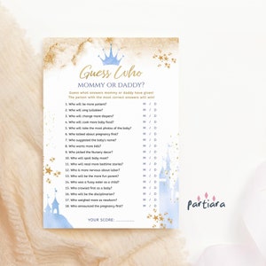 Jeu de baby shower garçon, devinez qui a dit papa ou maman carte de visite imprimable, thème château de conte de fées du prince, décor bleu pastel modifiable P137