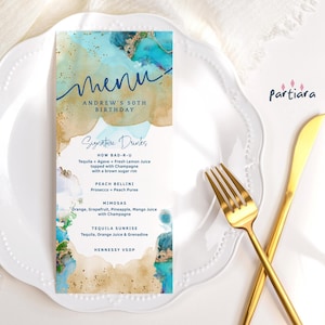 Menus de fête d'été, menu de table d'anniversaire à imprimer, cartes minces brunch pour femmes, thème plage or bleu sarcelle, téléchargement modifiable P243