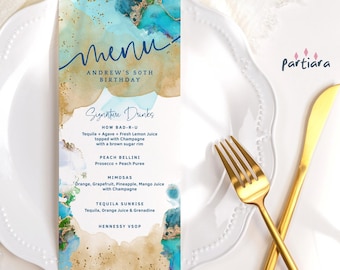 Turquoise Menu Card Template, Birthday Dinner Party Table Menus Printable, Men or Ladies Beach Party Decor, Editable Digital Download P243