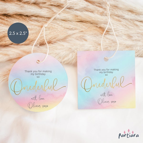 Girl's Onederful 1st Birthday Favor Tag Printable Pastel Rainbow Cloud and Sky Party Gift Thank You Label Editable 2.5" Template Set P179