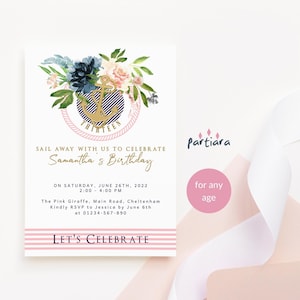 Gouden anker verjaardagsuitnodiging meisje BEWERKBARE nautische feest nodigt digitale download afdrukbare Blush roze marineblauw bloemen decor P17
