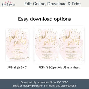 May include: A pink and gold pool party invitation with gold glitter and the text "Pool Party!" and "Olivia's 10th Birthday". The invitation is available as a JPG or PDF download.