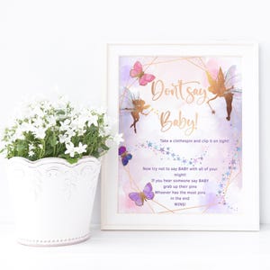 Dont Say Baby Game Fairy Baby Shower Sign Template, Girls Party Table Poster Pink Purple Butterfly Decor Printable Editable Download P676