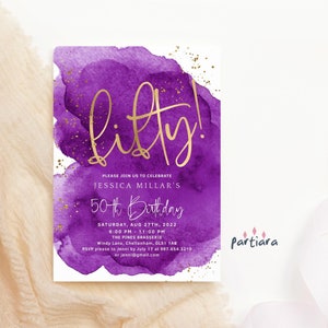 Lila Gold 50. Geburtstagseinladung Druckbare Damen Fünfzigste Party einladen EDITIERBARE Digital Download Vorlage Überraschungsessen Karten P281