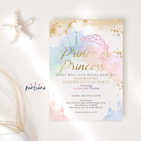 DIY Gender Reveal Invitation Baby Royal Prince or Princess Fairytale Themed Party Invite Printable, Editable Blue or Pink Boy or Girl P137