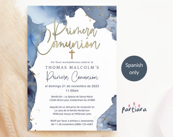 Invitación de Comunión Española para Niños, Invitaciones de Primera Comunión Imprimibles, Plantilla de Descarga Digital Editable en Oro Azul Marino P239