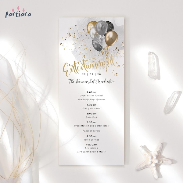 Entertainment Program Template, New Years Party Programs, Birthday Dinner Dance Printable Editable Download, Mens Black Gold Balloons P251