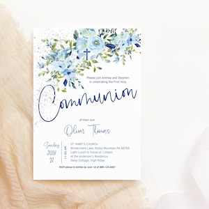 Blaue Kommunion Einladung, Floral Heilige Kommunion Einladen Vorlage, Junge oder Mädchen erste Heilige Kommunion Karte Printable, Editable Download P694