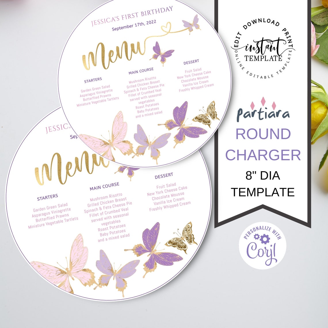 Butterfly Menu Card Editable Round Plate Charger Menus DIY | Etsy