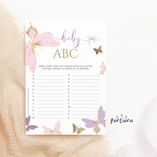 Girl Baby Shower Party Game ABC EDITABLE Nursery Items Guessing Quiz Games Printable Butterflies Theme Pink Lilac Purple Gold Decor P6 P345