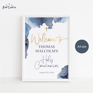 Letrero de bienvenida para comunión azul, póster imprimible de bienvenida para la mesa de primera comunión de niños, decoración azul marino, blanco y dorado, tamaño A4 editable, descarga P239