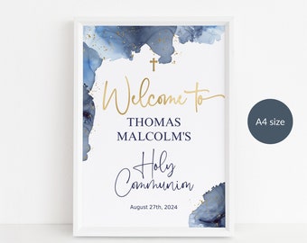 Blaue Kommunion Willkommensschild, Jungen Erstkommuniontisch Willkommen Poster zum ausdrucken, marineblaues weißes Golddekor, A4 Bearbeitbarer Download P239