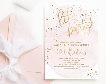 Blush Pink Gold Invitations Birthday Let's Party Editable Instant Download Digital Invites for Ladies, Baby Shower or Bridal Shower P132