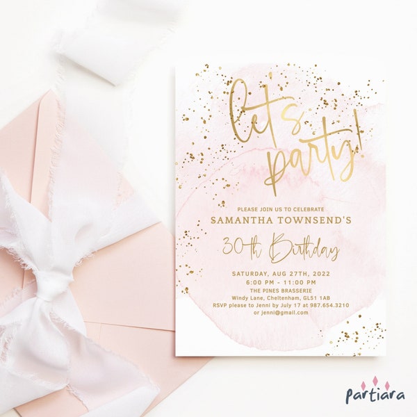 Blush Pink Gold Invitations Birthday Let's Party Editable Instant Download Digital Invites for Ladies, Baby Shower ou Bridal Shower P132