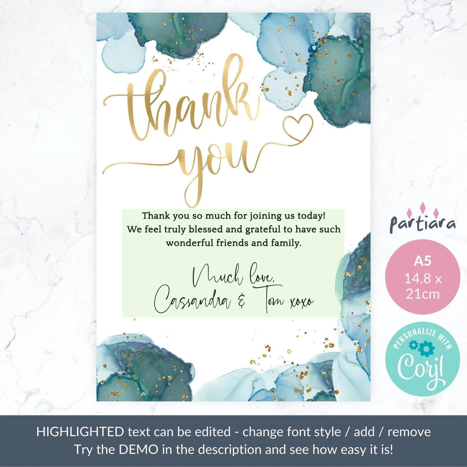 Editable Birthday Thank You Card Teal Blue and Gold Ladies Dinner Party ...