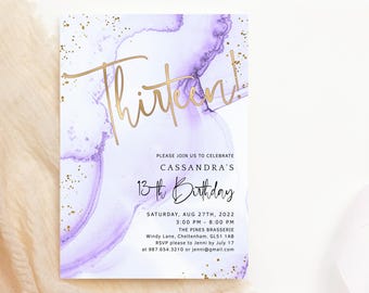 Lavender Gold 13th Birthday Invitation Printable Girl's Lilac Purple Disco Dance Sleepover Party Invite Editable Digital Download P132 P300