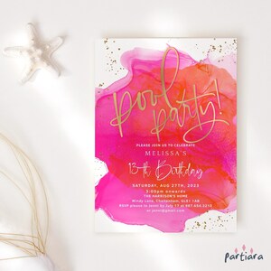 Girls Pool Party Invitation Template: Tropical Theme Hot Pink Orange Printable (Digital Download) P200