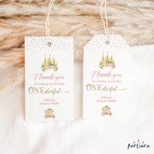 Princess Tags 1st Birthday Thank You Favor Gift Template, Pink Gold Floral Fairytale Castle Tag Printable, Editable Digital Download P137