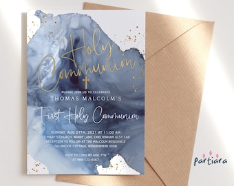 Jungen Heilige Kommunion Einladung Vorlage: Marineblau Gold Party lädt ein Druckbare Download P239