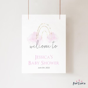 Pink Rainbow Welcome Sign Girl Baby Shower Party Welcome Poster Printable, Pastel Baby Sprinkle Decor, Editable 18x24 Template Download P136