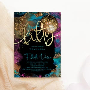 50th Birthday Disco Invitation Printable Ladies Dinner Dance Party Invites Hot Pink Teal Blue Black and Gold Editable Digital Download P750