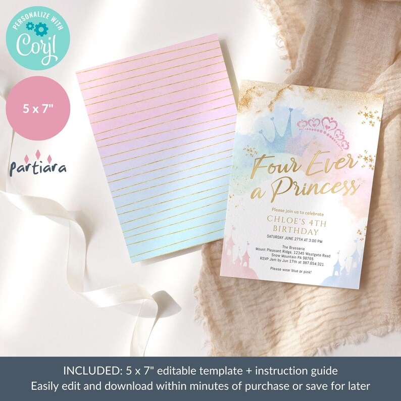 Princess Invite 4th Birthday Four Ever a Princess Fairytale Party Invitation Printable Pastel Blue Pink Castle Carriage Decor Editable P137 image 7