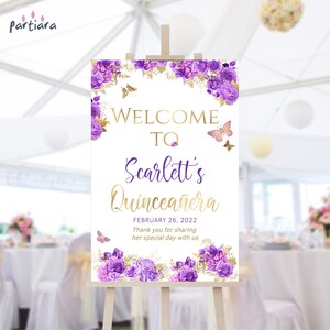Cartello di benvenuto per la festa della Quinceanera con fiori viola, farfalle, poster floreale, decorazione, stampabile, modificabile, download digitale, modello 24x36 P36