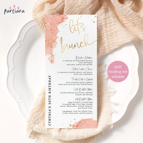 Blush Gold Brunch Menu Card DIY Editable Printable Ladies Slim Etsy