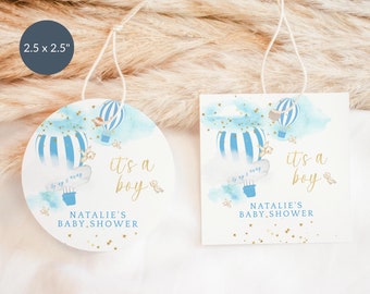 Air Balloon Tag Boy Baby Shower Favor Gift Thank You Labels Printable Pastel Blue Gold Decor Editable Digital Download Template P25 P383