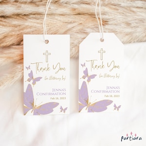 Purple Butterfly Tags, Thank You Gift Tags, Girls Baptism Party Gifts Label Printable, Lilac Gold Butterflies, Editable Download P438