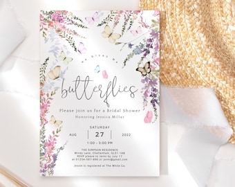He Gives Me Butterflies Invitation Bridal Shower Template, Pastel Wildflower Floral Brunch Party Invite Printable Editable Download P256