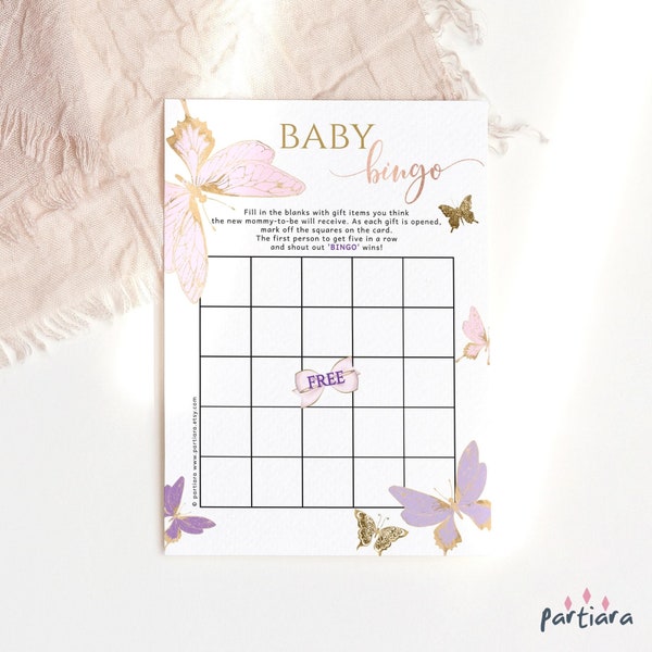 Butterfly Baby Shower Girl Bingo Card Printable Editable Digital Download Template Pink Lilac Purple Gold Butterflies Theme Decor P6 P345