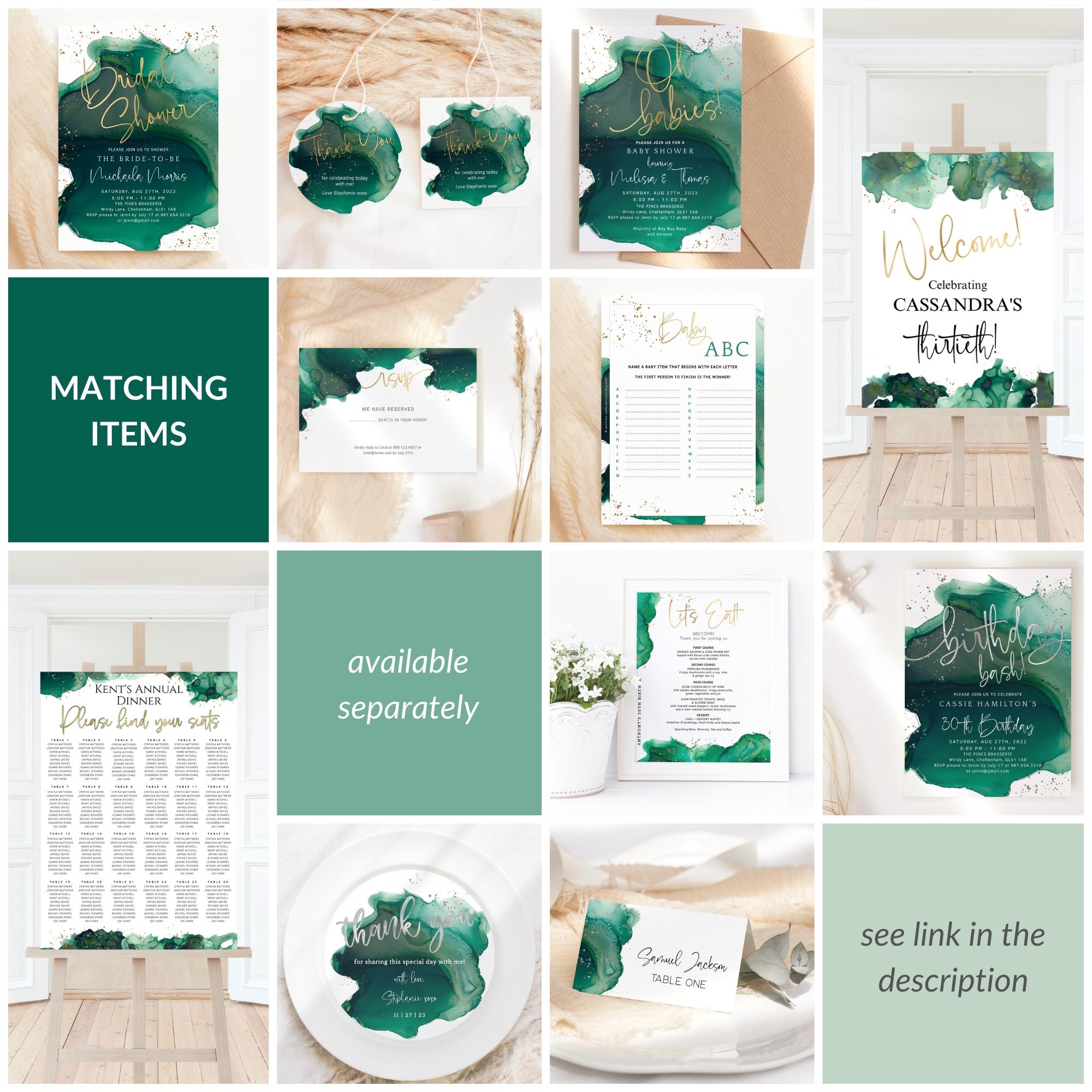 Emerald Birthday Drinks Menu Card Printable, Ladies Green Gold Dinner ...