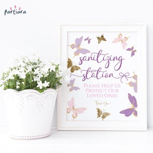 Butterfly Baby Shower Sanitizing Station Sign Printable, Girls Birthday Party Poster Pastel Pink Purple Decor, Editable Template P345
