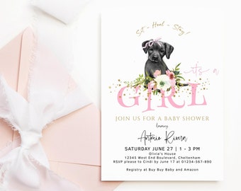 Puppy Dog Baby Shower Invitation Printable Girl Baby Sprinkle Tea Party Invite Editable Template Black Labrador Pink Floral Gold Decor P411