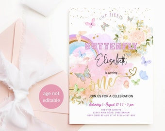 1st Birthday Butterfly Invite Enchanted Garden First Birthday Girl Pastel Rainbow Tea Party Invitations Printable Editable Download P87