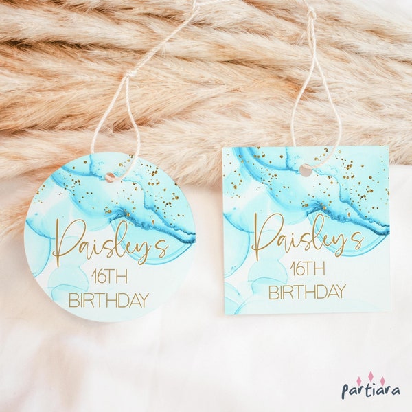 Sky Blue Gold Birthday Tags Favor Gift Thank You Labels Teens Girls Ladies Pool Party Favors Printable Editable Digital Download P296