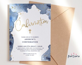 Blue Confirmation Invitation Editable Template for Boys, Navy Blue Gold Party Invite Printable P239