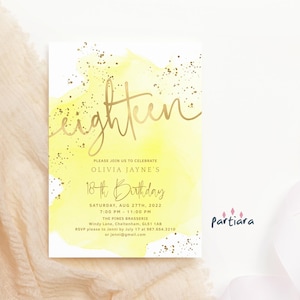 18th Birthday Invitation Yellow Brunch Party Invite Printable for Women, Pastel Sunshine Gold Dinner Template, Editable Download P612