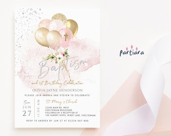 Blush Gold Baptism Invitations Girl Editable 1st Birthday and Baptism Invites Printable, Balloon Baptism Invitation Template, Corjl P10