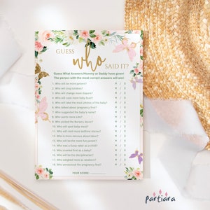 Spel Guess Who Said It, meisje vlinder babyshower feestactiviteit Notitiekaart afdrukbaar, bloemen vlinders roze lila, bewerkbare download P328