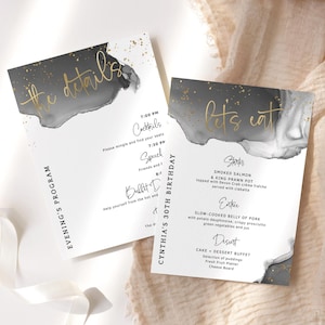 Birthday Dinner Menu Template, Dinner Party Program Itinerary with Menus, Black and Gold Decor Men or Ladies, Editable Download P268