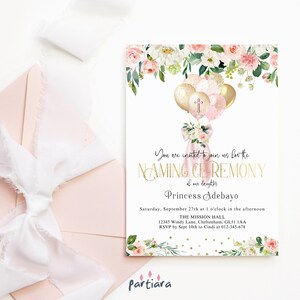 Modèle d'Invitation pour la cérémonie de baptême de baptême, invitation de bébé fille imprimable, carte ballons floraux en or rose, téléchargement numérique modifiable P344