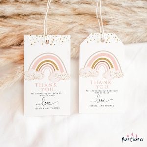 Boho Rainbow Favor Gift Tags, Baby Sprinkle Thank You Tag Printable, Baby Shower Labels, Pink 1st Birthday Stickers Girls, Editable P136