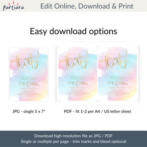 May include: A digital download for a 30th birthday invitation. The invitation features a watercolor background in shades of pink, blue, and yellow with gold lettering that says "Thirty!" and "Jessica Lee's 30th Birthday". The invitation is available in JPG and PDF formats.