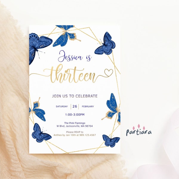 Butterfly 13th Birthday Invitation Printable Girl Blue Gold Butterflies Garden Party Invite Editable Digital Download Template P6 P519