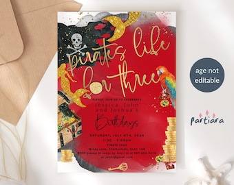 Könnte beinhalten: Eine Geburtstagseinladung mit Piraten-Thema. Der Text in Gold lautet "Pirates life for three". Das Design zeigt einen roten und schwarzen Hintergrund mit Illustrationen von Meerjungfrauen, Schatzkisten und einem Papagei. Datum und Uhrzeit sind angegeben.